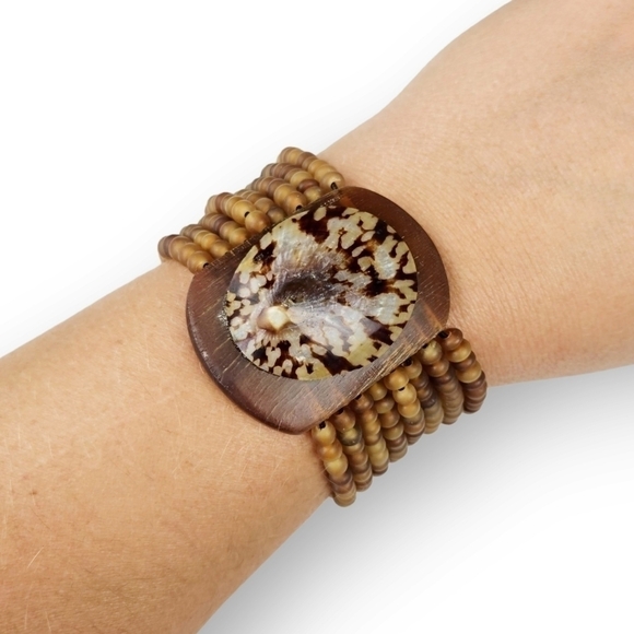 Genuine Seashell Stretch Bracelet Resin Brown Tan Bead Tropical Wide Multistrand - Picture 1 of 6